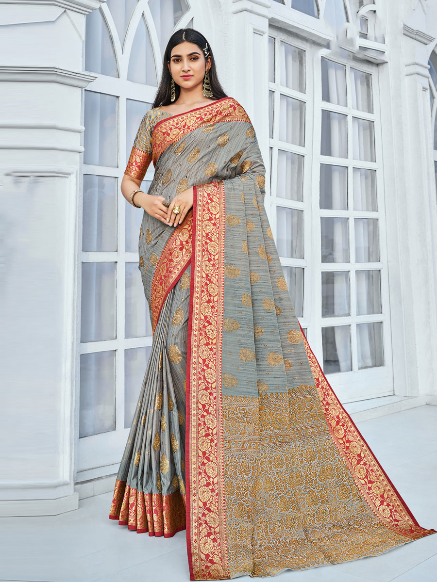 Silver Grey Cotton Handwoven Festival Saree