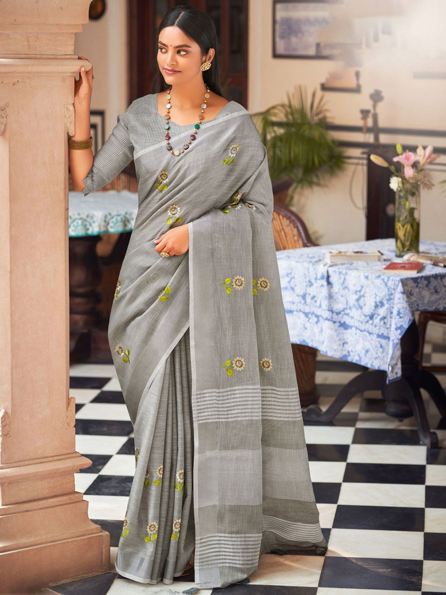 Silver Grey Linen Embroidered Party Saree