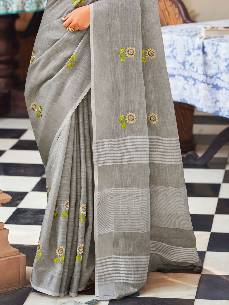 Silver Grey Linen Embroidered Party Saree