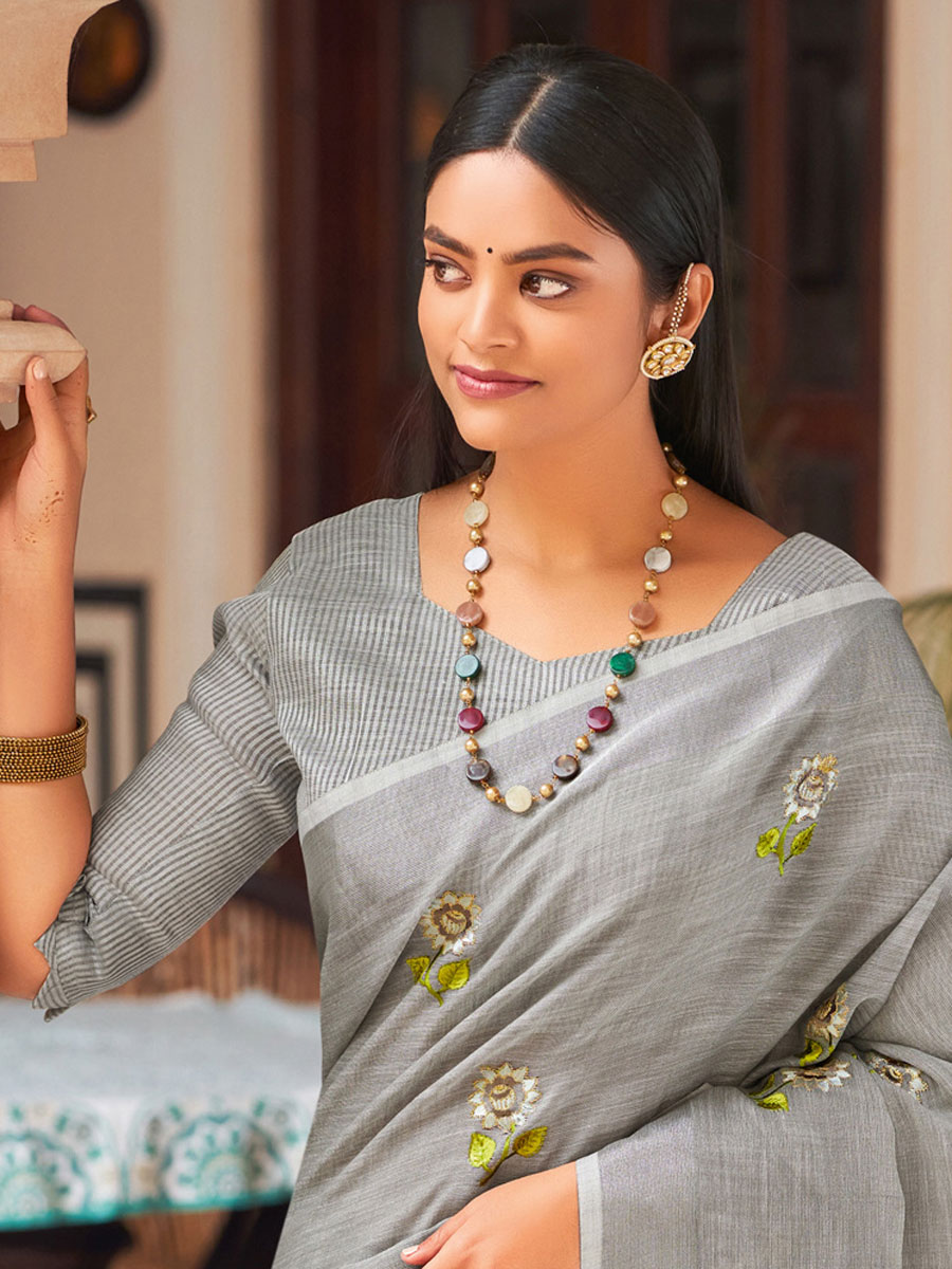 Silver Grey Linen Embroidered Party Saree