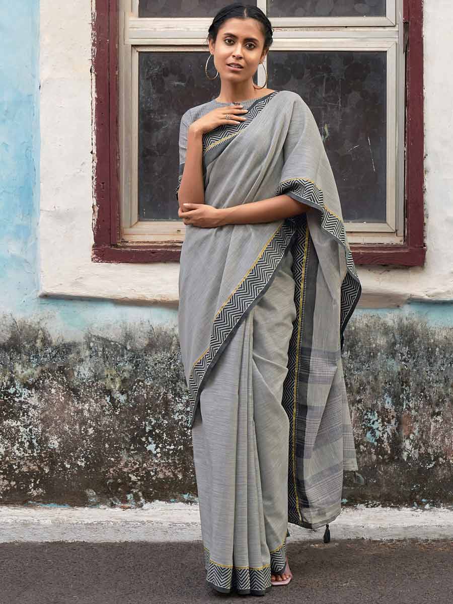 Silver Grey Linen Plain Festival Saree