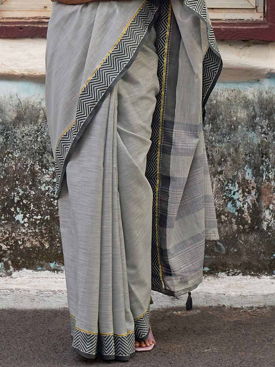Silver Grey Linen Plain Festival Saree