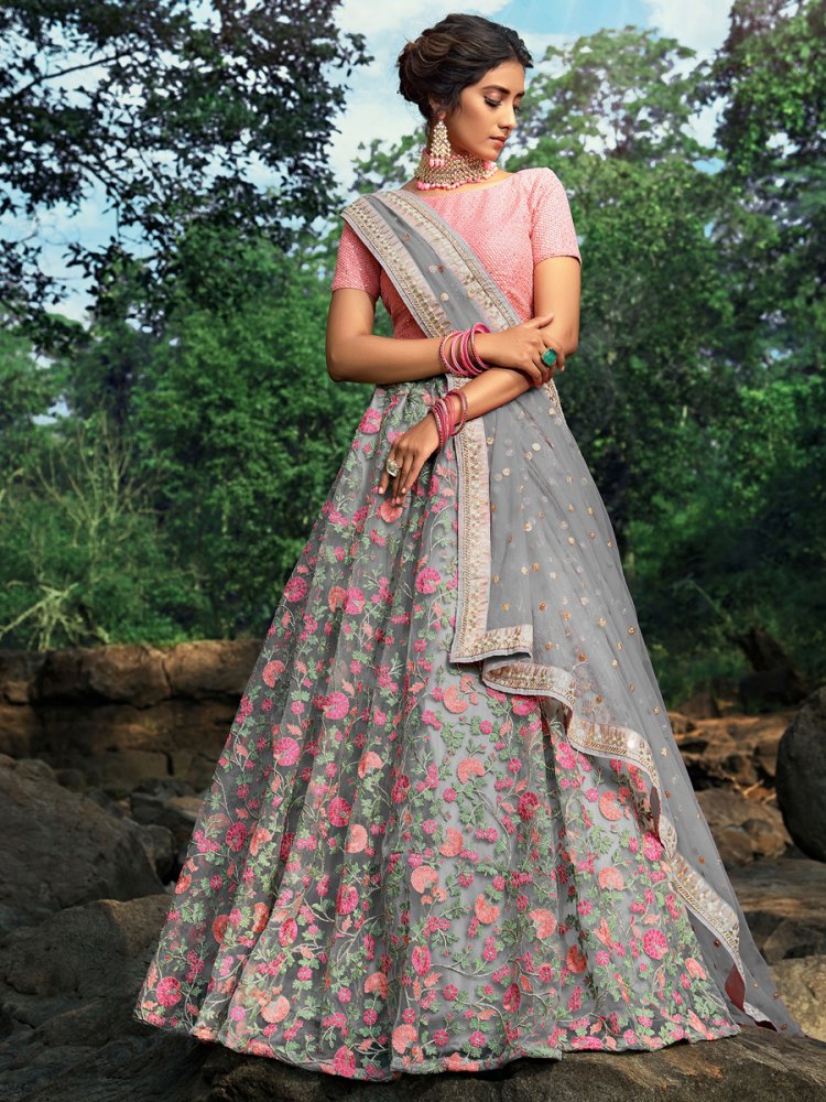 Silver Grey Net Embroidered Party Lehenga Choli