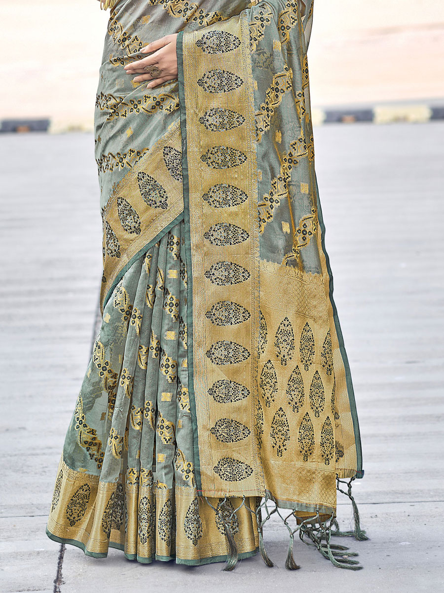 Silver Grey Organza Handwoven Festival Saree