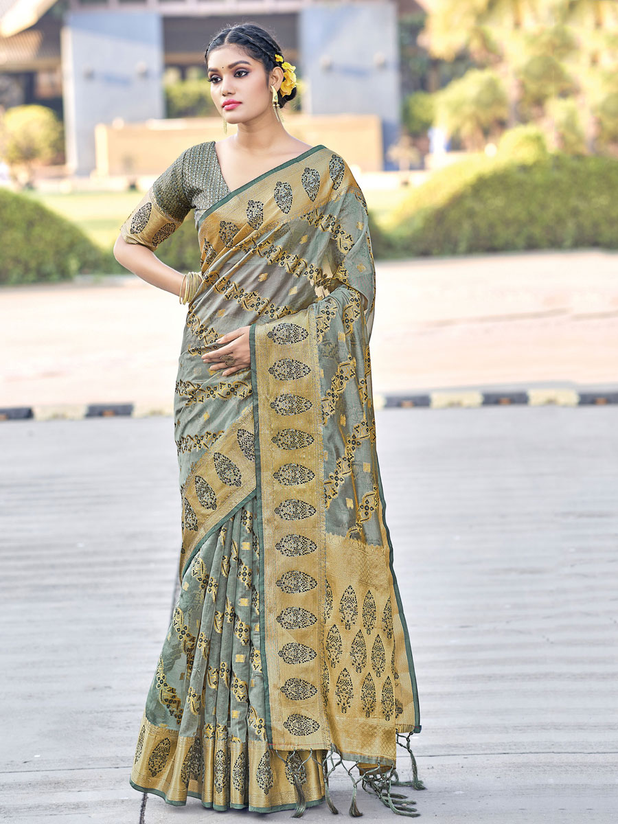 Silver Grey Organza Handwoven Festival Saree