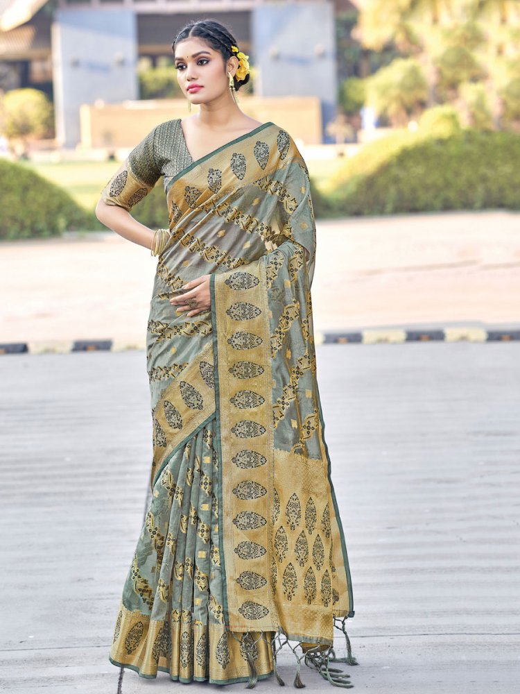 Silver Grey Organza Handwoven Festival Saree