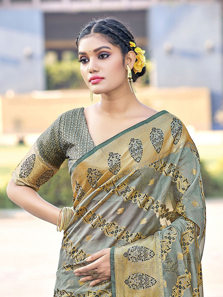 Silver Grey Organza Handwoven Festival Saree
