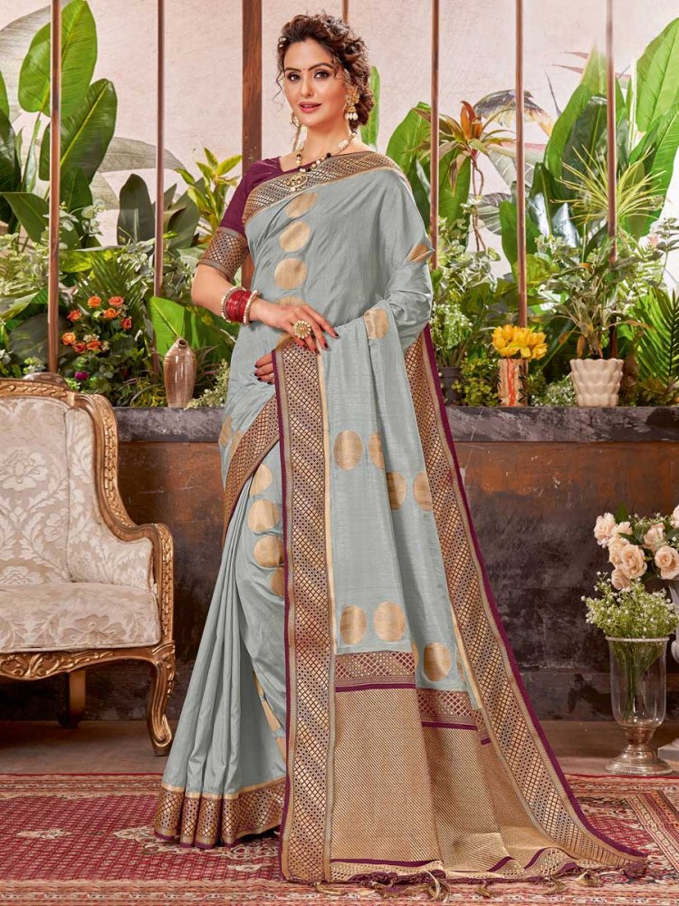 Silver Grey Silk Handwoven Festival Saree
