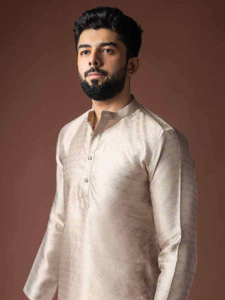 Silver Jacquard Silk Embroidery Festival Wedding Party Mens Kurta