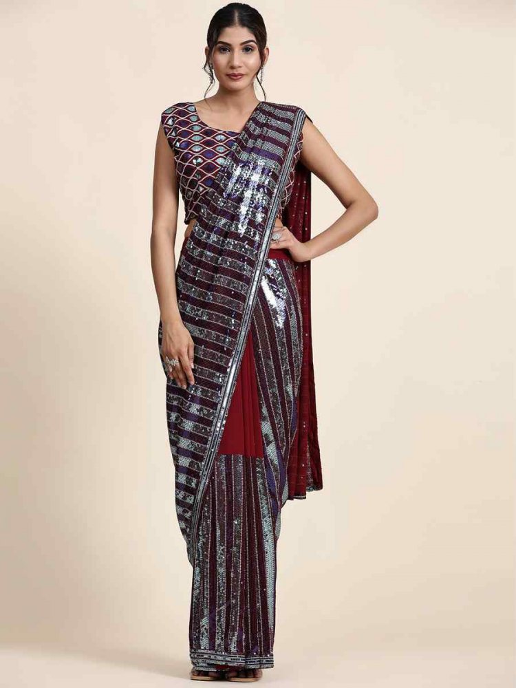 Silver Maroon Pure Georgette Sequins Cocktail Party Classic Style Saree