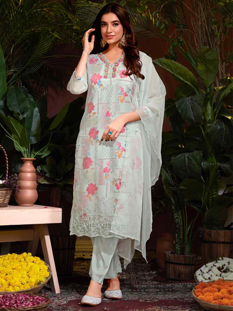 Silver Organza Embroidered Festival Casual Ready Pant Salwar Kameez