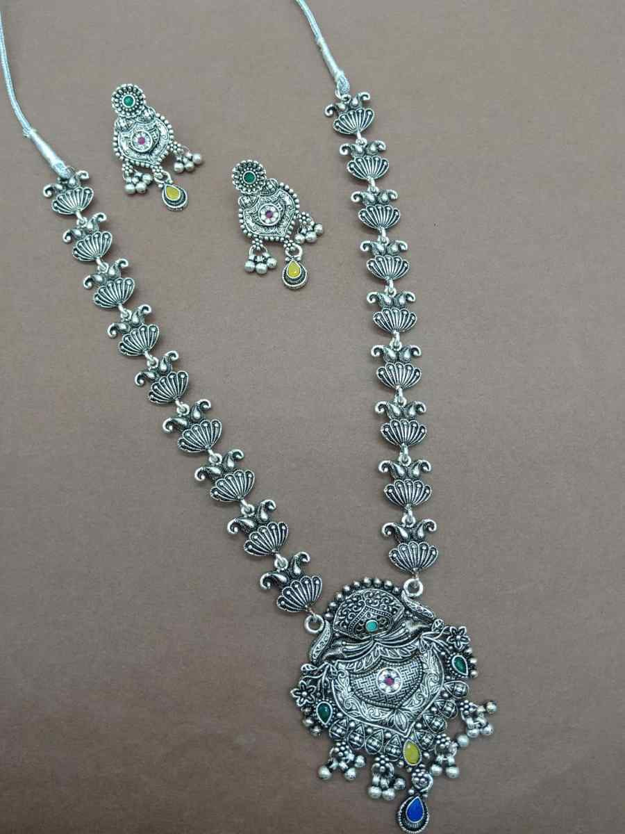 Silver Oxidised Festival Wear Necklace With Earrings