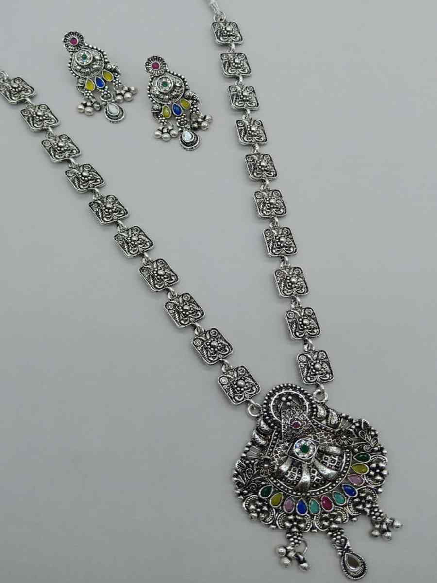 Silver Oxidised Festival Wear Necklace With Earrings