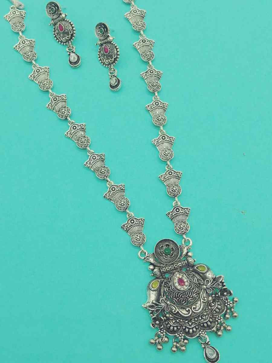Silver Oxidised Festival Wear Necklace With Earrings