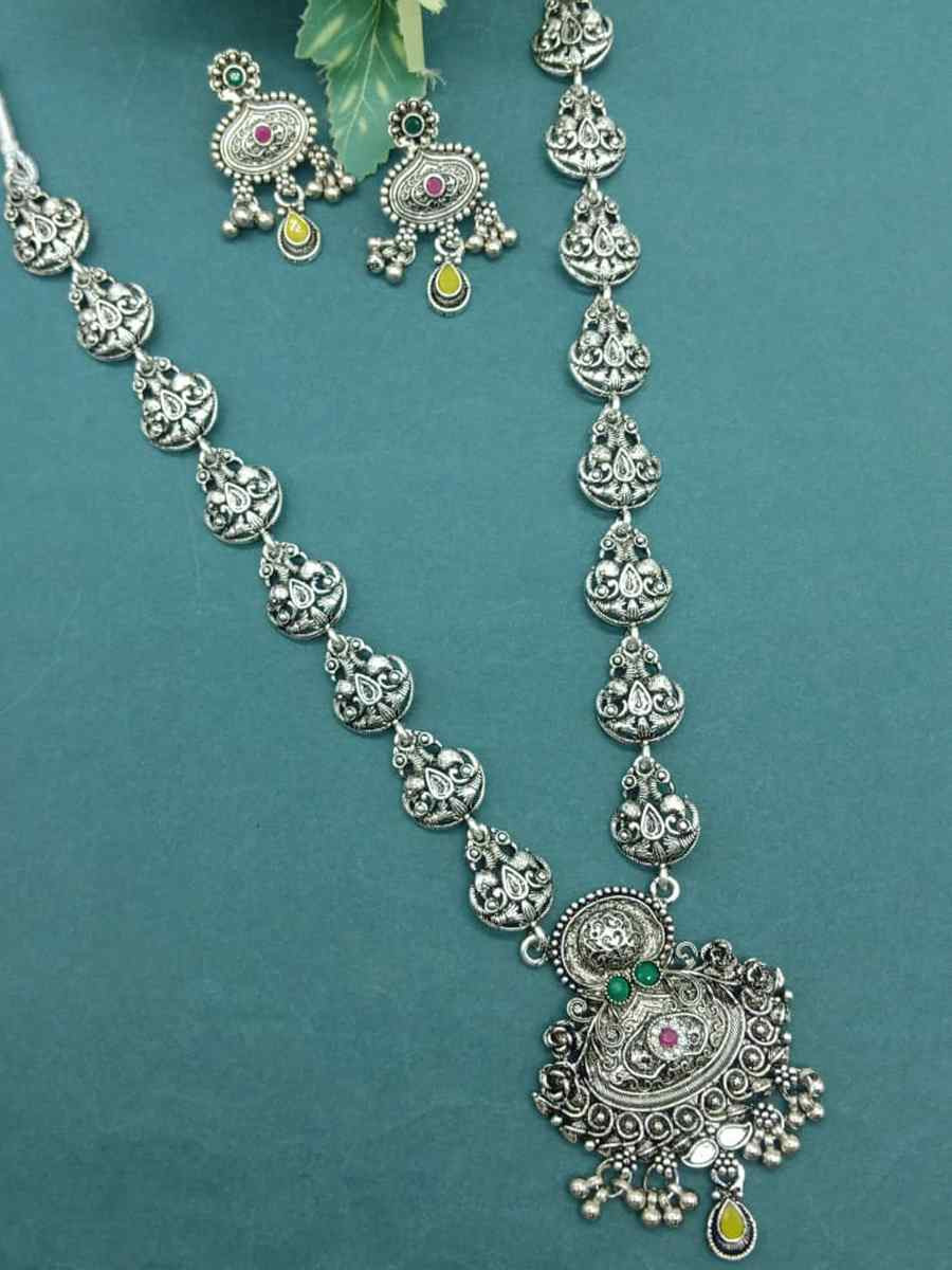 Silver Oxidised Festival Wear Necklace With Earrings