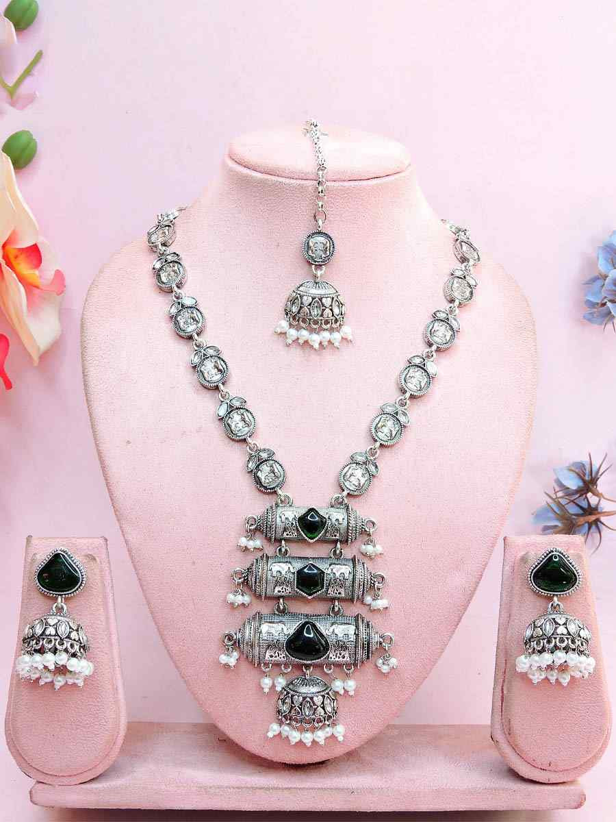 Silver Oxidised Metal Festival Wear Necklace With Earrings