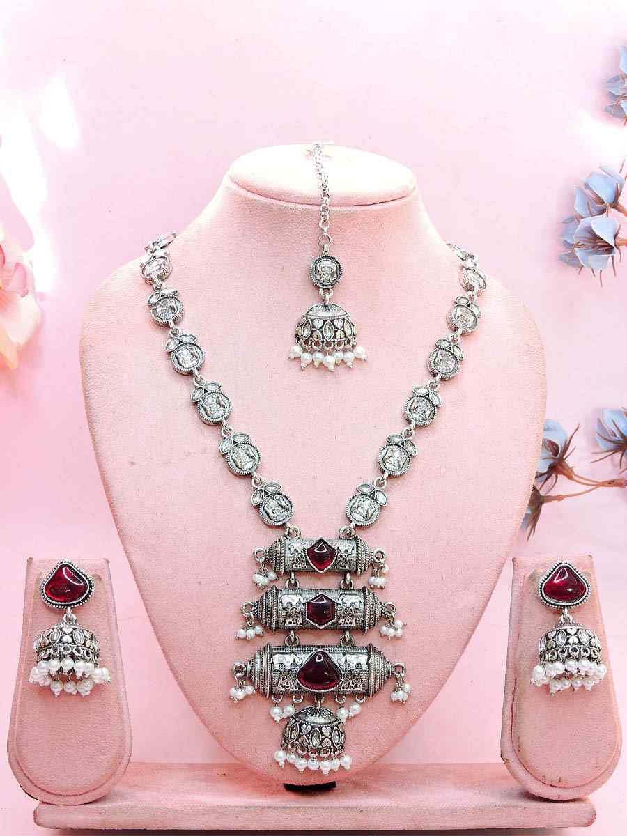 Silver Oxidised Metal Festival Wear Necklace With Earrings