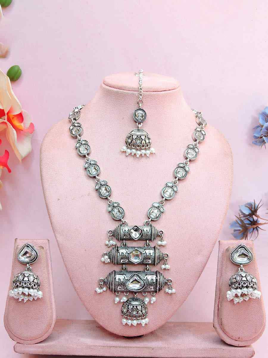 Silver Oxidised Metal Festival Wear Necklace With Earrings