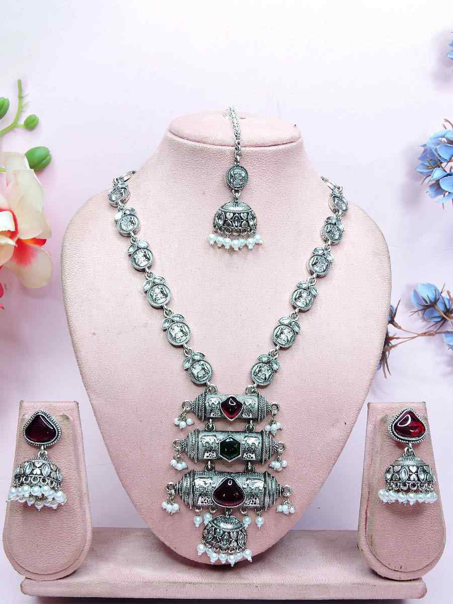 Silver Oxidised Metal Festival Wear Necklace With Earrings