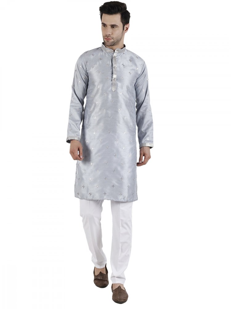 Silver Silk Embroidered Festival Party Kurta