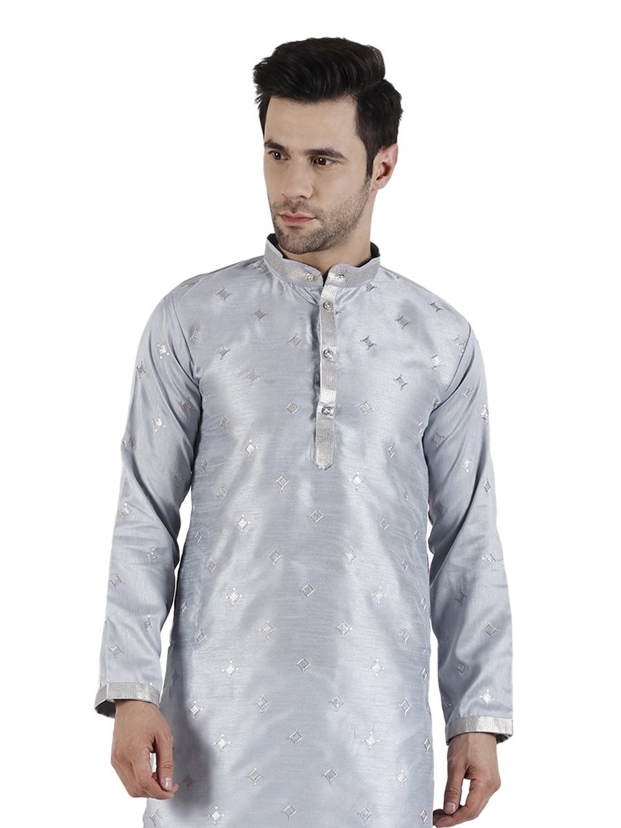 Silver Silk Embroidered Festival Party Kurta