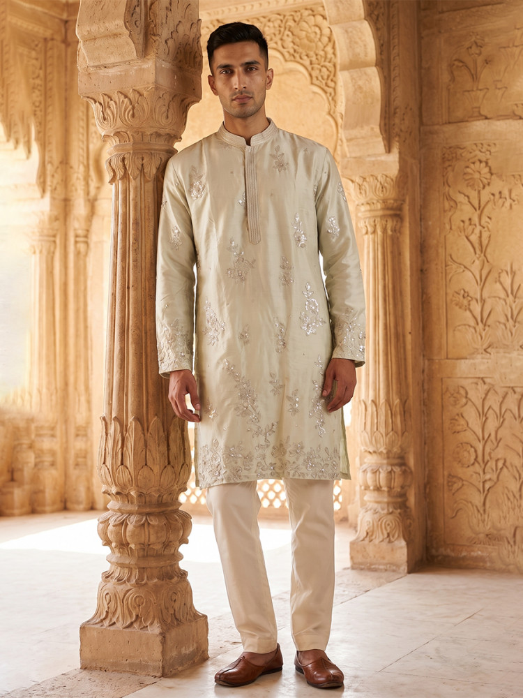 Image of Silver Silk Embroidery Wedding Party Festival Casual Mens Wear Kurta
