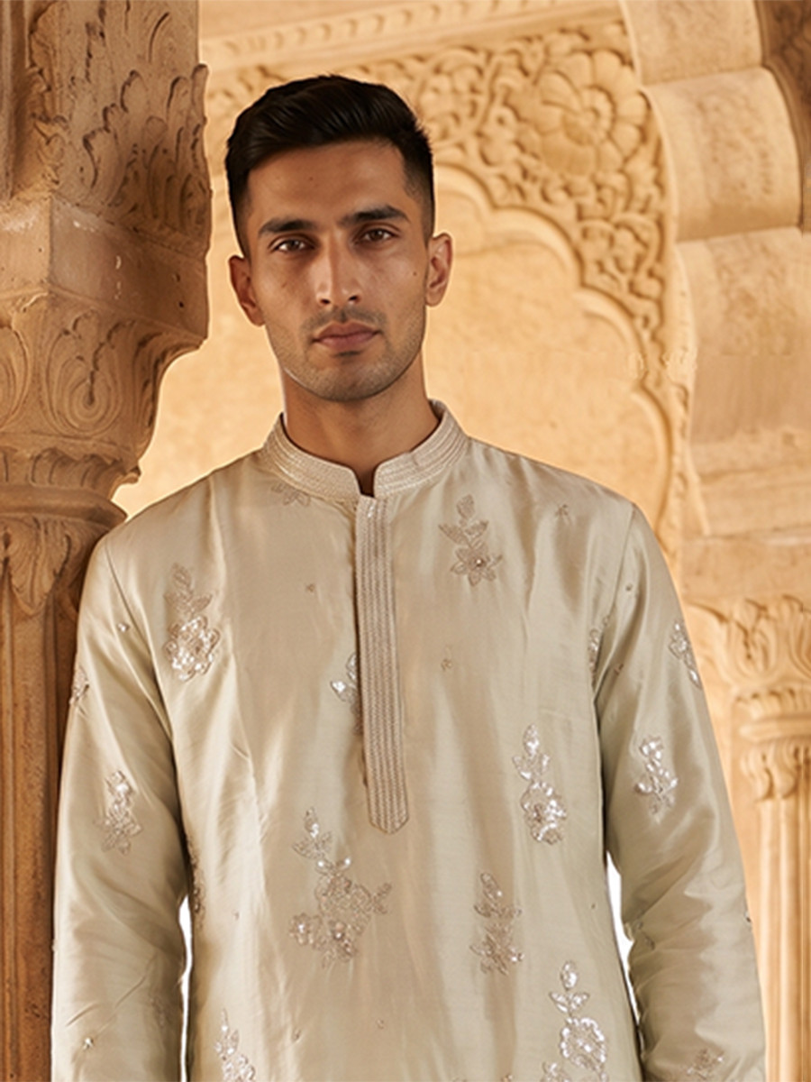 Silver Silk Embroidery Wedding Party Festival Casual Mens Wear Kurta