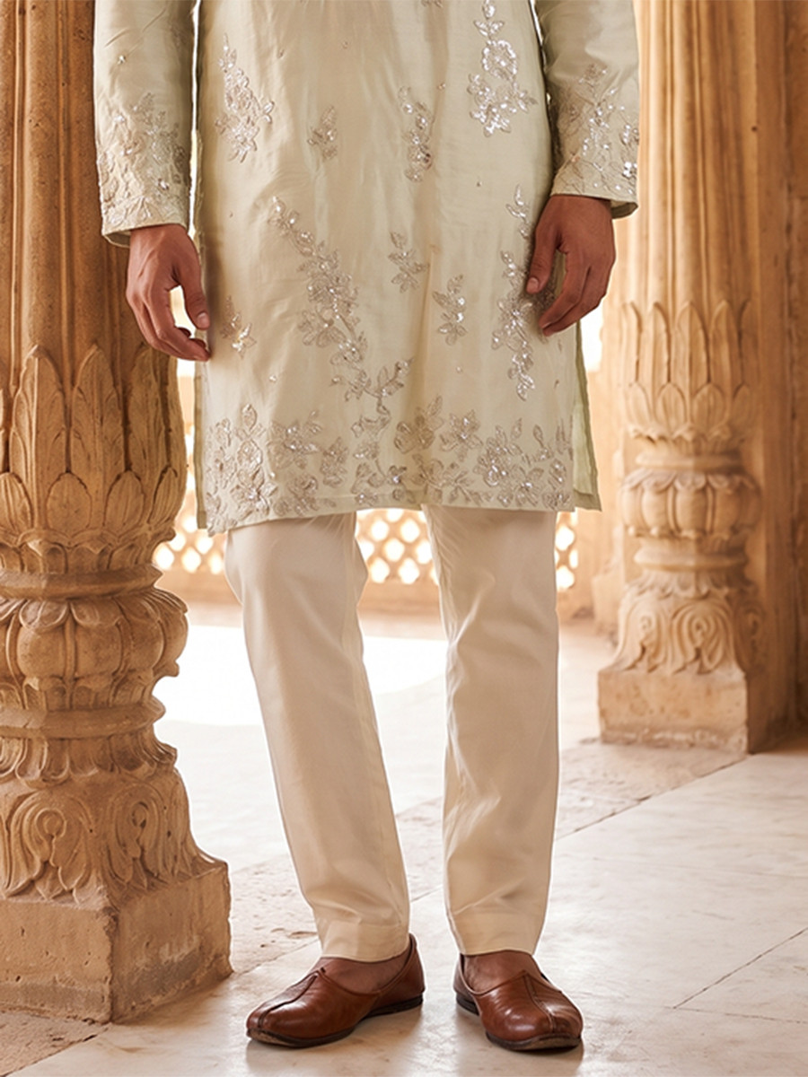 Silver Silk Embroidery Wedding Party Festival Casual Mens Wear Kurta