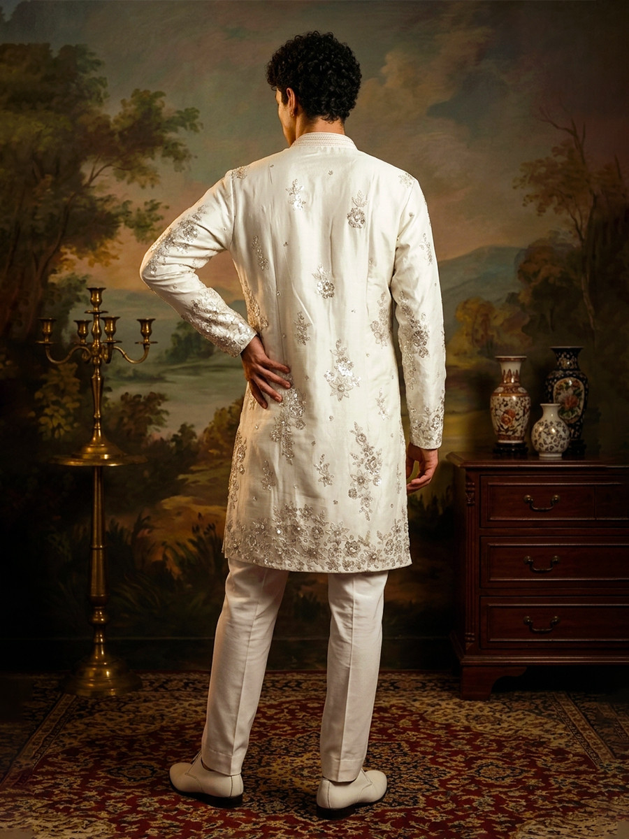 Silver Silk Embroidery Wedding Party Festival Casual Mens Wear Kurta