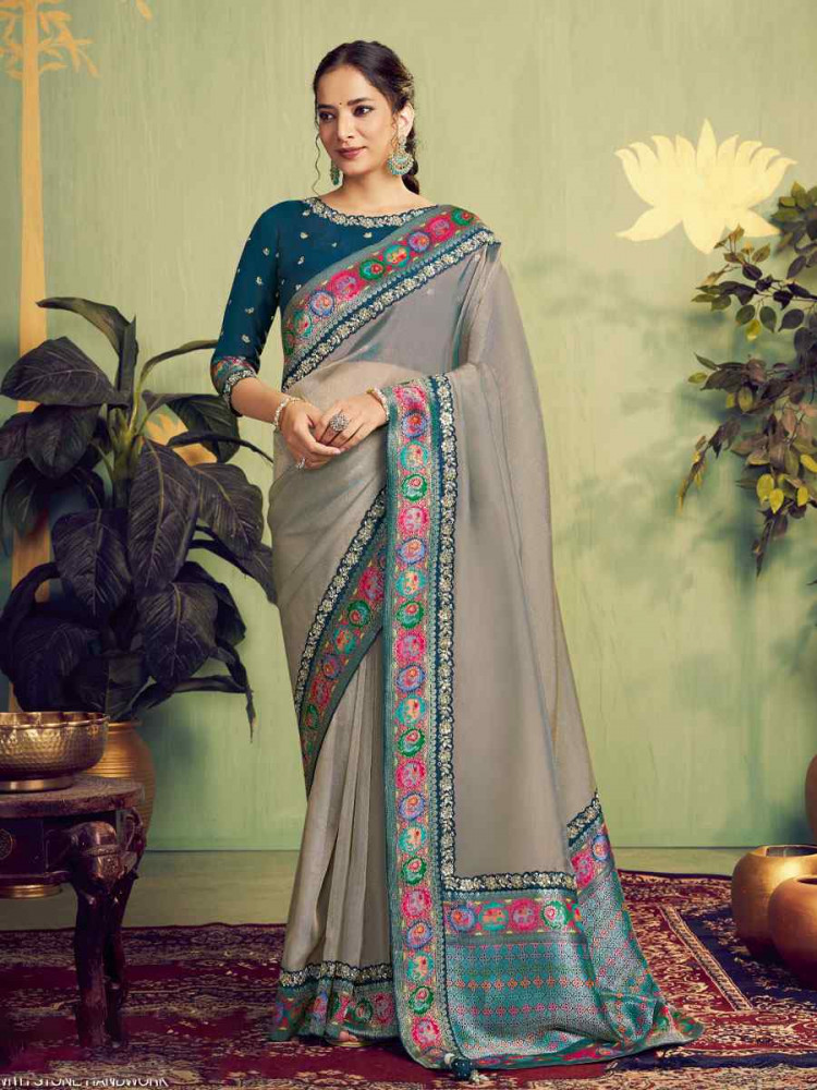 Image of Silver Storm Zari Woven Tissue Silk Embroidery Bridal Reception Party Festival Wedding Fancy Heavy Border Sarees