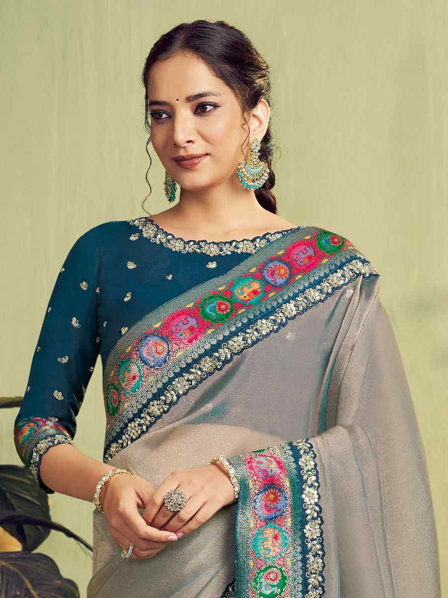 Silver Storm Zari Woven Tissue Silk Embroidery Bridal Reception Party Festival Wedding Fancy Heavy Border Sarees