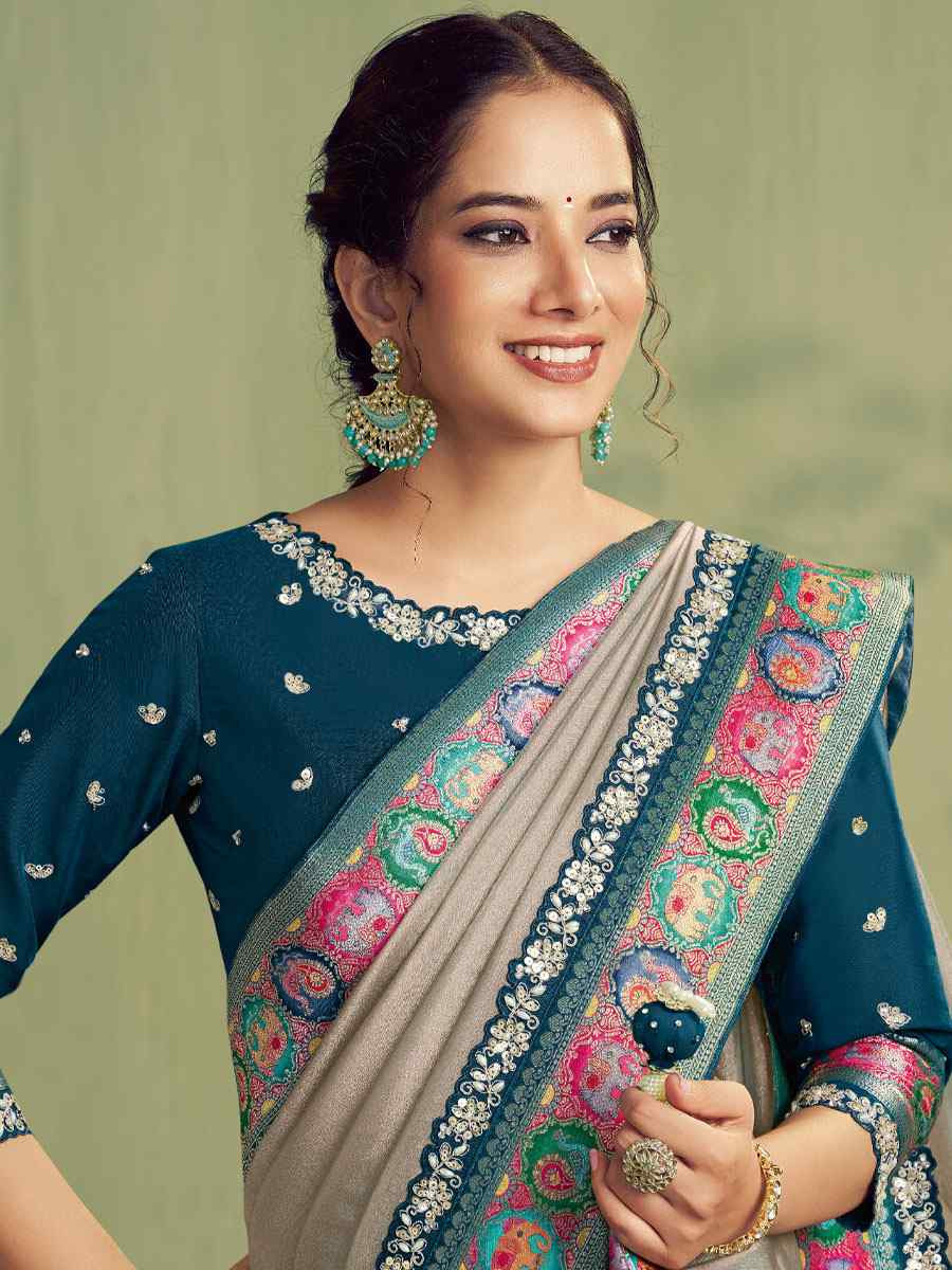 Silver Storm Zari Woven Tissue Silk Embroidery Bridal Reception Party Festival Wedding Fancy Heavy Border Sarees