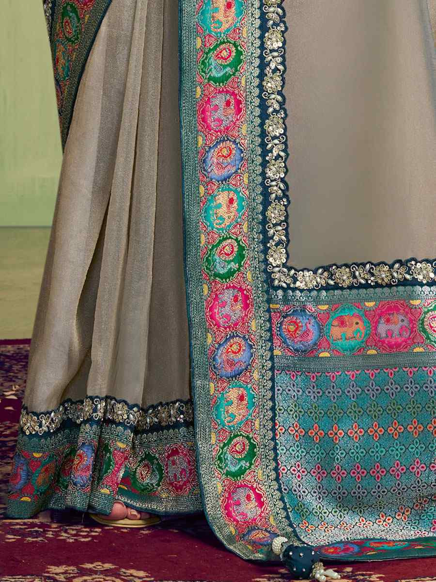 Silver Storm Zari Woven Tissue Silk Embroidery Bridal Reception Party Festival Wedding Fancy Heavy Border Sarees