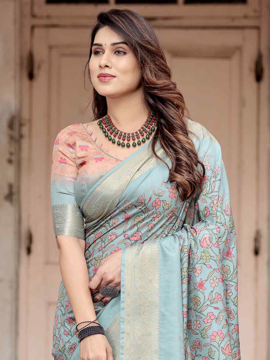 Silver Tussar Silk Zari Handwoven Printed Casual Reception Festival Wedding Fancy Heavy Border Saree