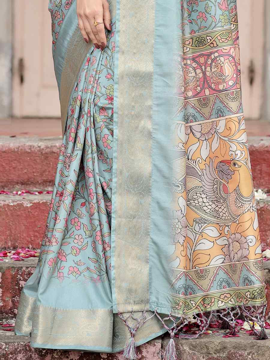 Silver Tussar Silk Zari Handwoven Printed Casual Reception Festival Wedding Fancy Heavy Border Saree