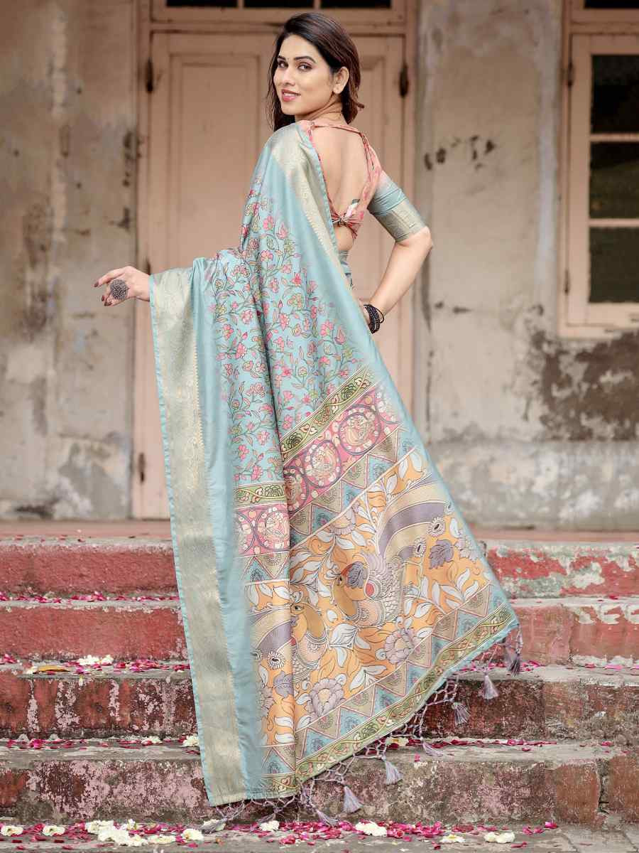 Silver Tussar Silk Zari Handwoven Printed Casual Reception Festival Wedding Fancy Heavy Border Saree