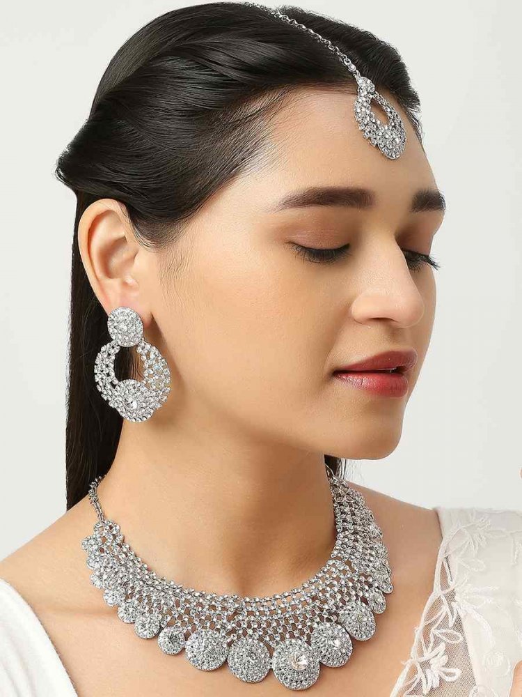 Silver White Alloy Wedding Wear Stone Necklace