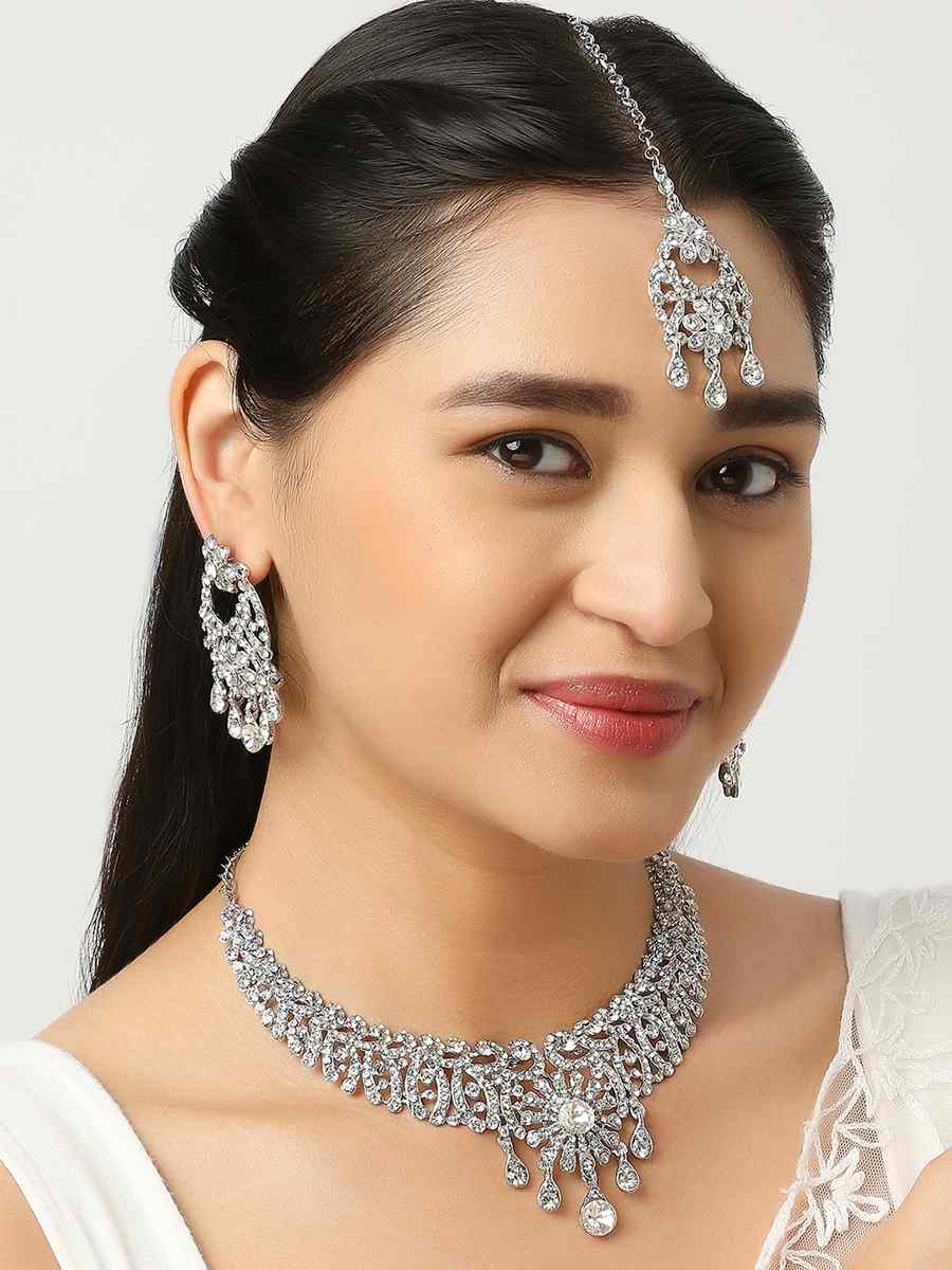 Silver White Alloy Wedding Wear Stone Necklace