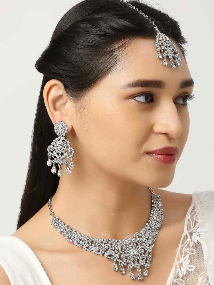 Silver White Alloy Wedding Wear Stone Necklace