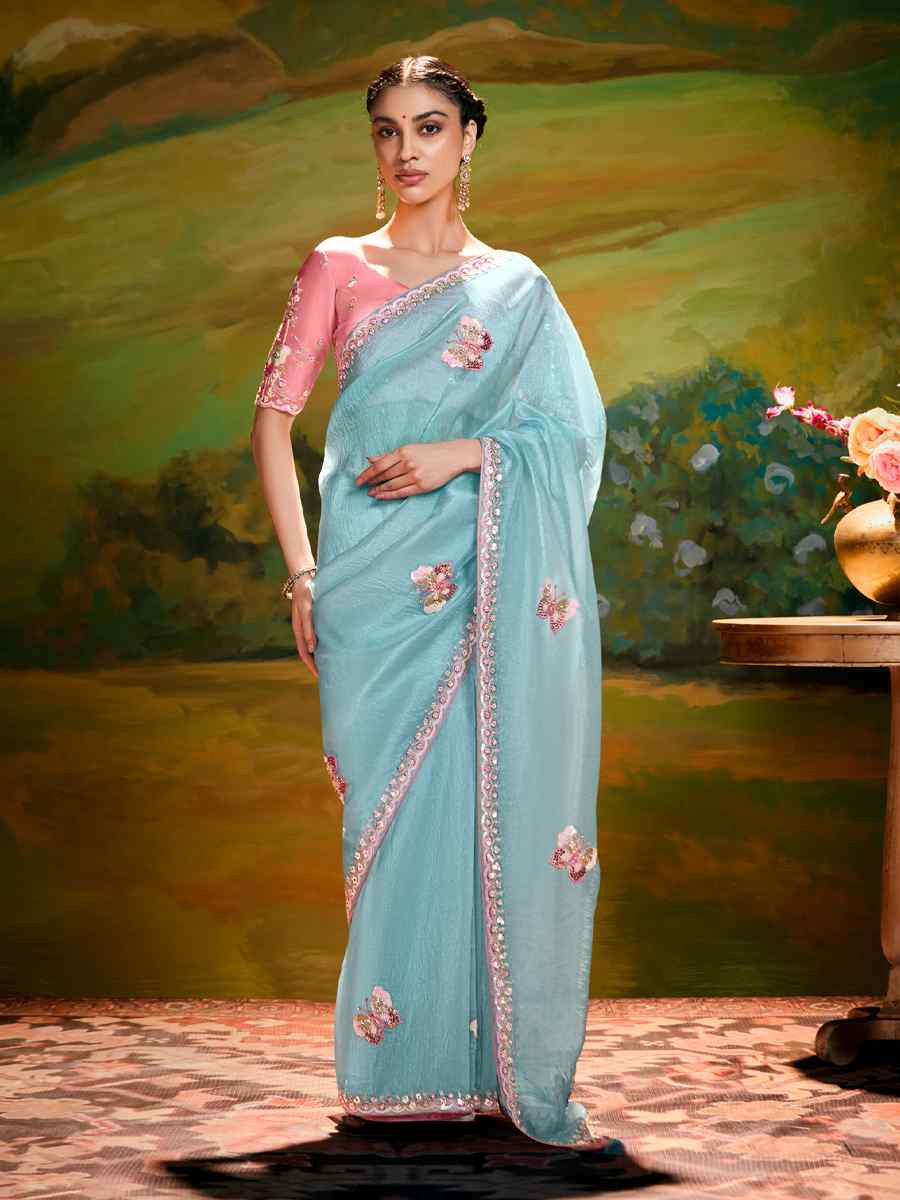 Sky  Blue Silk Embroidered Festival Wedding Fancy Heavy Border Saree