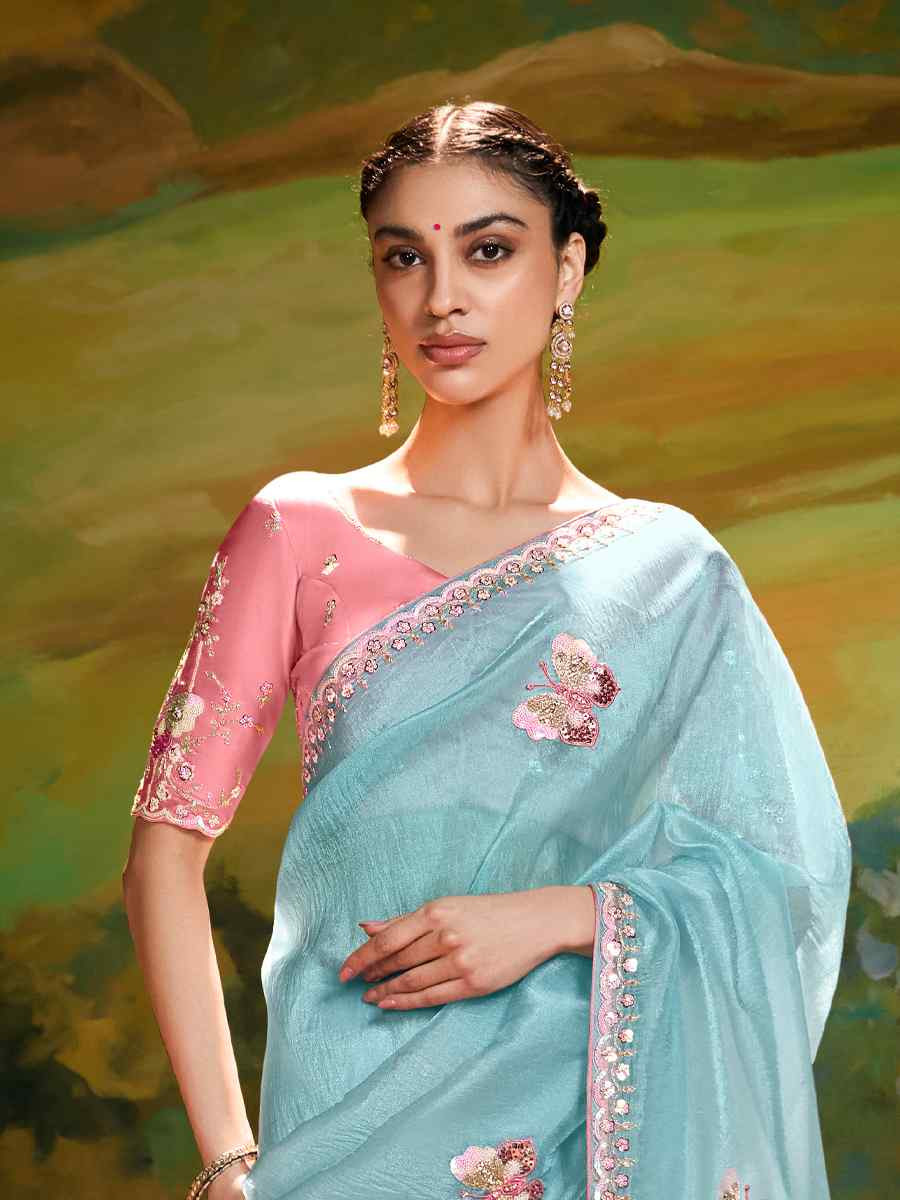 Sky  Blue Silk Embroidered Festival Wedding Fancy Heavy Border Saree