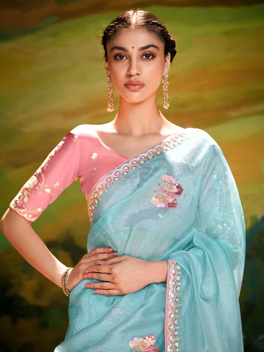 Sky  Blue Silk Embroidered Festival Wedding Fancy Heavy Border Saree