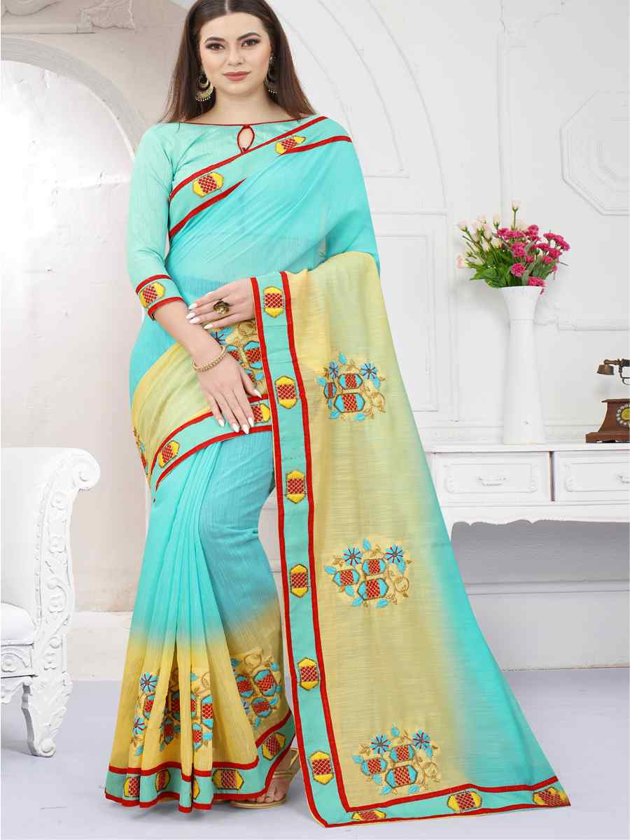Sky And Yellow And Orange Art Silk Embroidery Casual Reception Festival Wedding Fancy Heavy Border Saree