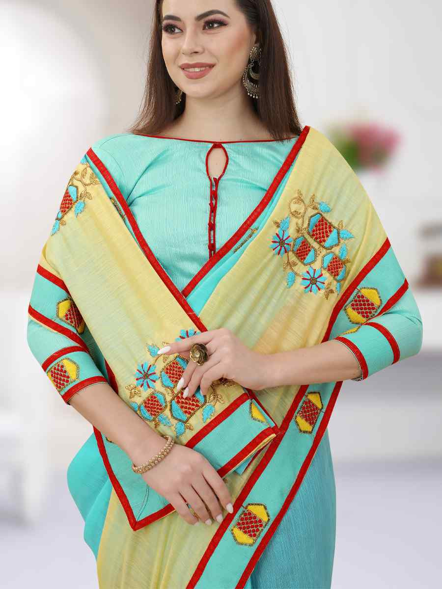 Sky And Yellow And Orange Art Silk Embroidery Casual Reception Festival Wedding Fancy Heavy Border Saree
