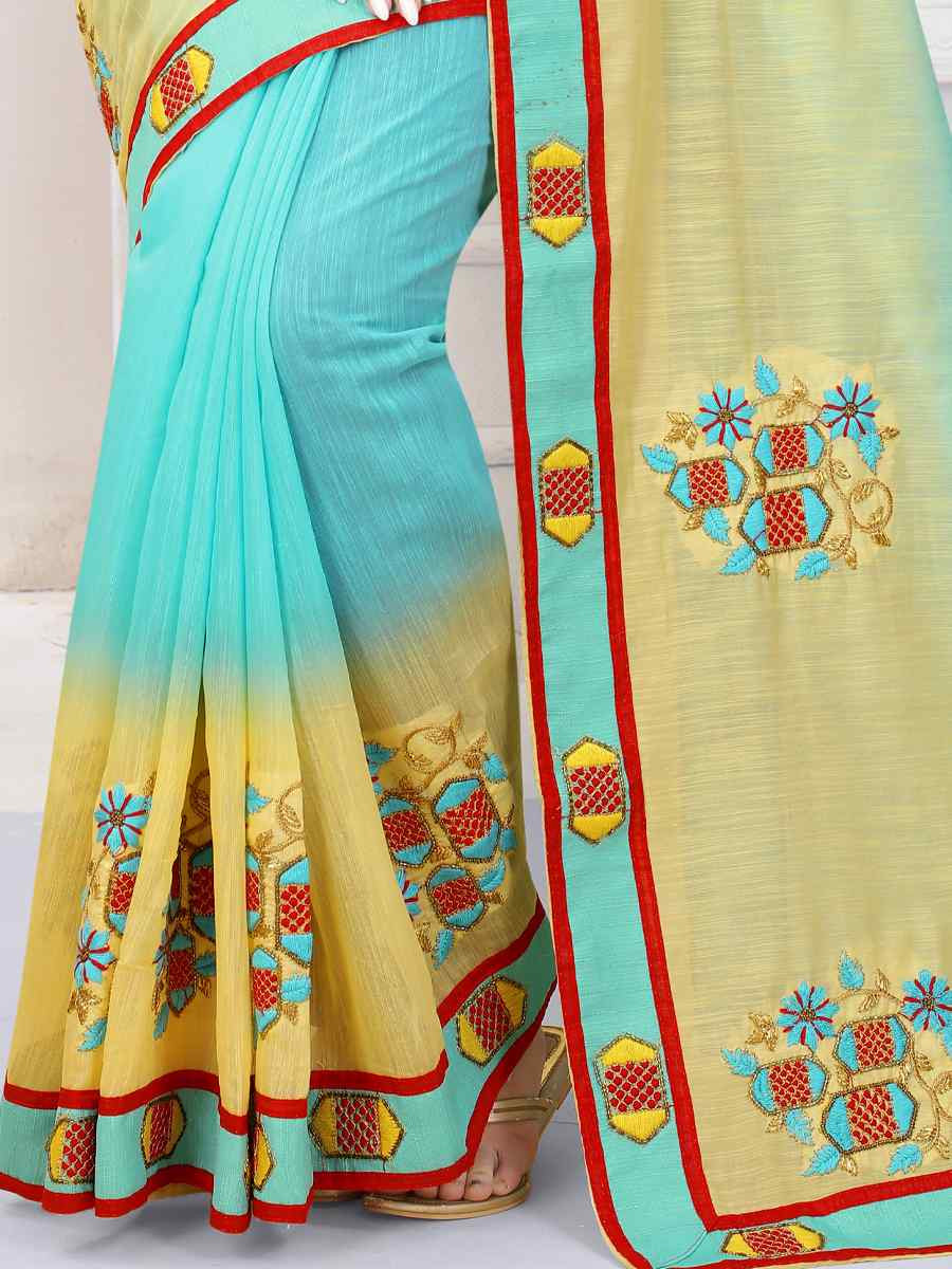 Sky And Yellow And Orange Art Silk Embroidery Casual Reception Festival Wedding Fancy Heavy Border Saree