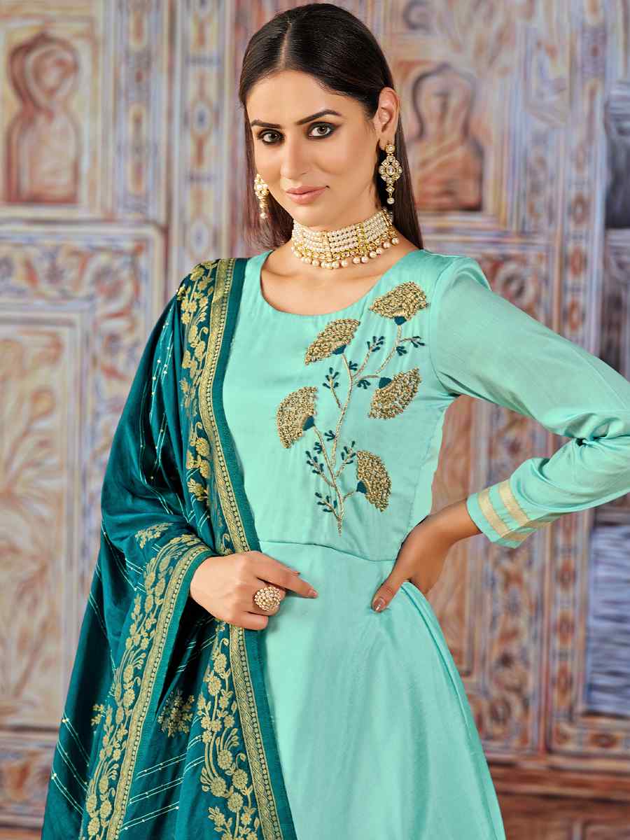 Sky Art Silk Embroidered Wedding Festival Anarkali Salwar Kameez