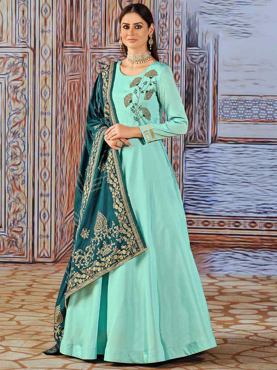 Sky Art Silk Embroidered Wedding Festival Anarkali Salwar Kameez