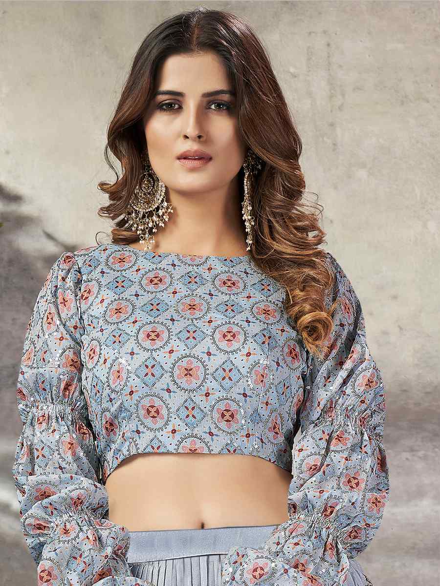 Sky Art Silk Embroidery Festival Wedding Circular Ready Lehenga Choli