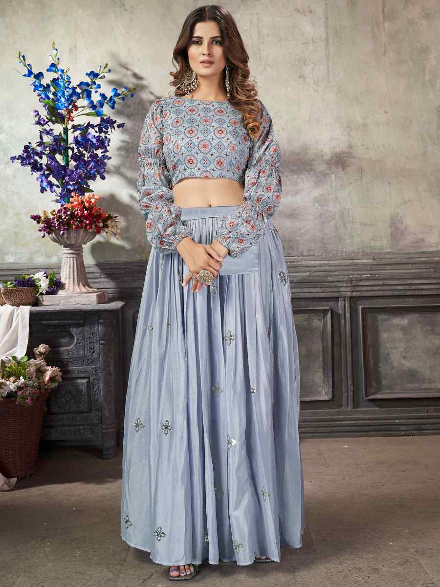 Sky Art Silk Embroidery Festival Wedding Circular Ready Lehenga Choli