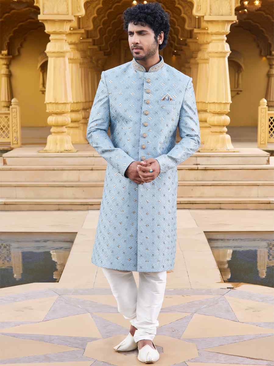 Sky Art Silk Woven Wedding Groom Sherwani